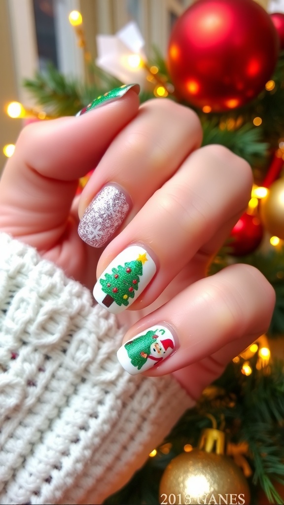 Christmas-Themed Nail Art Designs Christmas-themed nail art with snowflakes, trees, and Santa designs on a festive background.